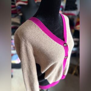 Charter Club Black and Tan Cashmere Cardigan with Pink Accents, S